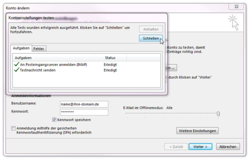 Outlook - Kontoeinrichtung testen und abschließen