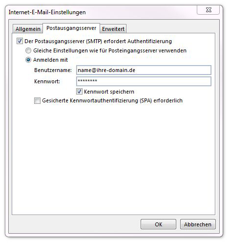 Outlook - Postausgangserver Passwort Authentifizierung