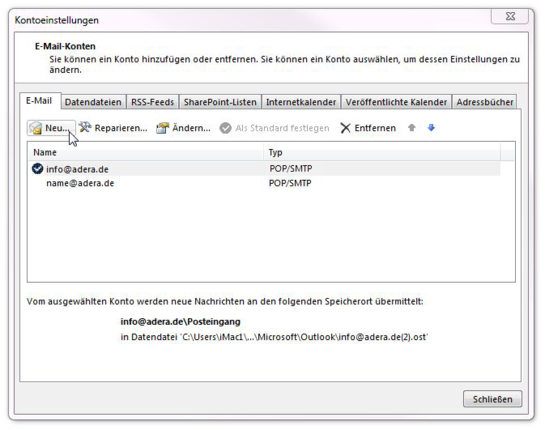 Outlook - Kontoeinstellungen - Neues Konto